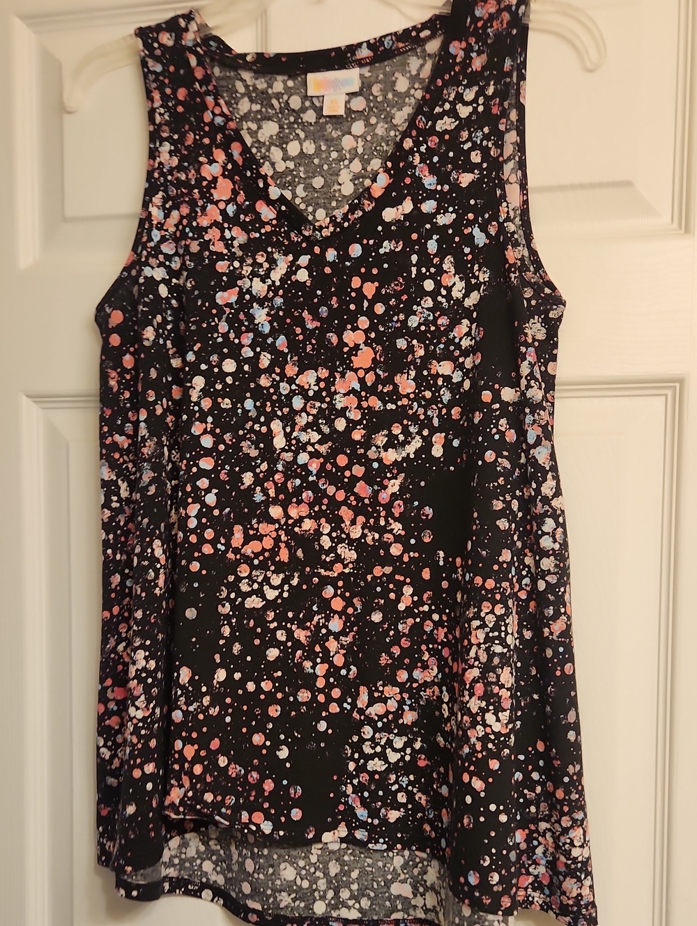 LuLaRoe Black V-Neck Tank with Pink, White & Light Blue Splatter Print